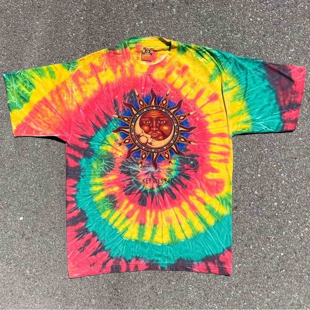 Vtg 90s Key West Celestial Sun Moon Tie Dye Tee XL Cotton Force 1995